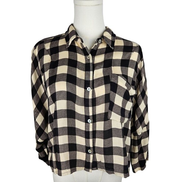 POL Crop Shirt Large Black Cream Plaid Flannel Button-Up Gorpcore Cabincore - Picture 1 of 11